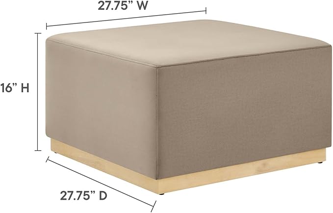 Modway Tilden 28 Inch Square Performance Velvet Upholstered Ottoman in Taupe Natural - Large Ottoman Foot Rest with Rubberwood Plinth Base, Living Room Ottoman Coffee Table - Velvet Ottoman Table