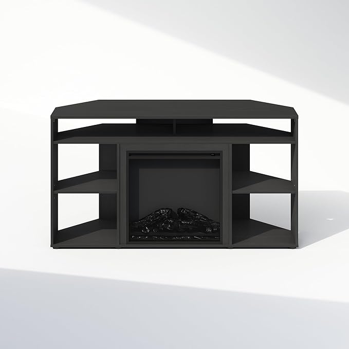 Furinno Jensen Fireplace TV Stand, NO Heat Decorative Electric Fireplace Corner TV Stand for TV up to 55 Inch, with 6 Open Shelves, for Living Room, Americano