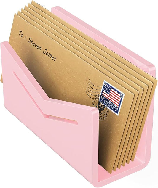 Beego Envelope and Mail Organizer Countertop - Pink Acrylic Desk Organizer Letter Holder Desktop File Sorter Bill Document Folder Rack for Office, Home, School Desk Organization