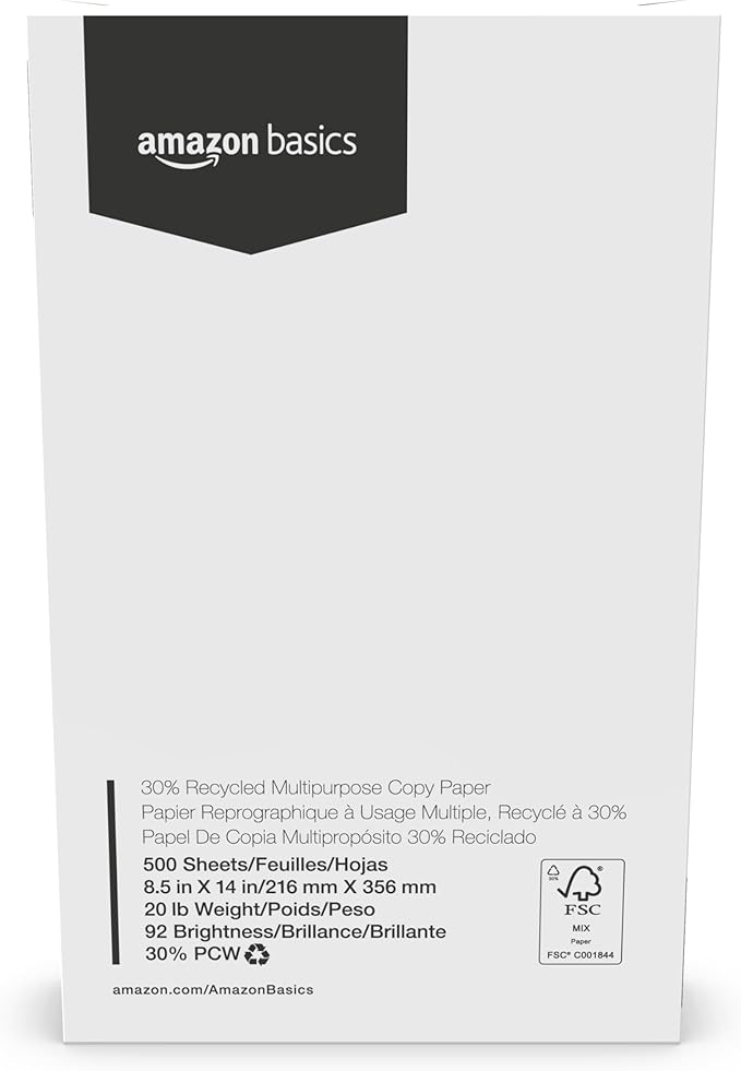 Amazon Basics 30% Recycled Multipurpose Copy & Print Paper, 8.5 x 14 in, 20 lb Weight, 92 Bright, White, 5000 Sheets (10 Reams)