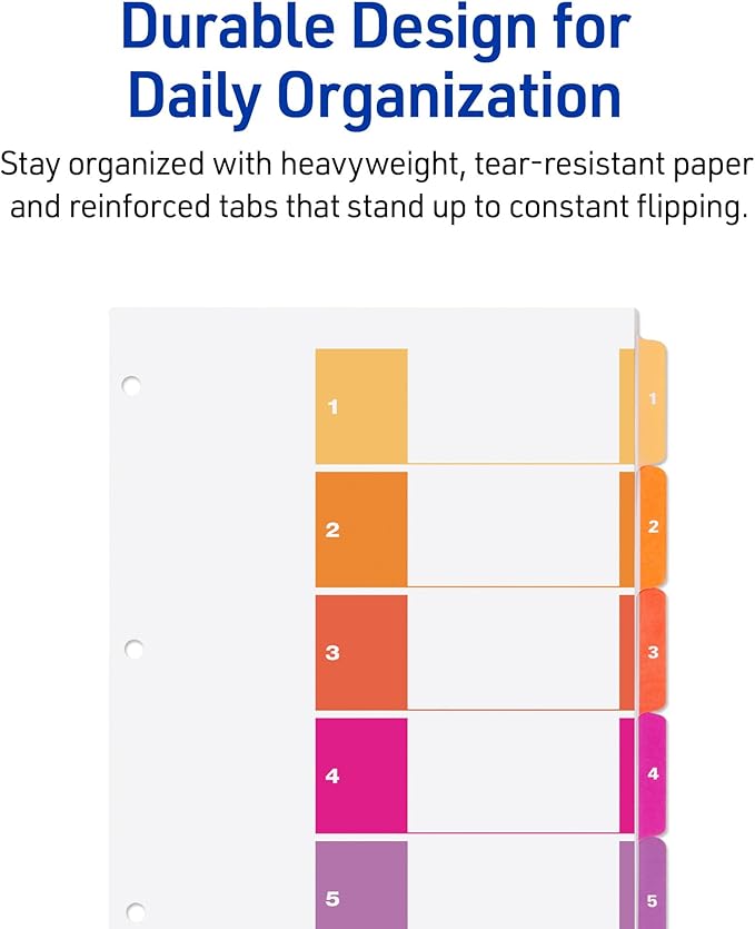 Avery Dividers for 3 Ring Binders, 5 Tabs per Set, Customizable Table of Contents, Multicolor Tabs, Great for Organizing Reports, Projects, and More (3 Sets of 11070)