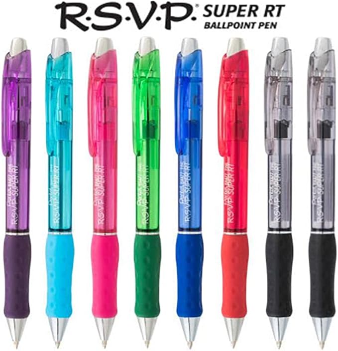 Pentel RSVP Super RT Ballpoint Pen, (0.7mm) Fine Line, Assorted Ink Colors, 8 Pack with Bonus Black Ink Pen
