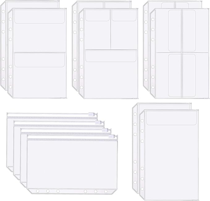 Binder Pockets, 12pcs A5 Size 6 Holes Binder Pockets, [Waterproof PVC Pouch] Premium Clear Binder Zipper Folders Document Filing Bags for 6-Ring Notebook Binder Loose Leaf Bags,-Clear
