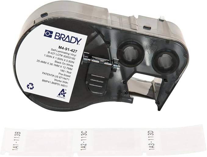 Brady Authentic (M4-91-427) Self-Laminating Vinyl Wrap Around Labels 1.5" H x 1" W Black on White, Clear, 180 Labels. for use with The BMP41, BMP51, and M511 Label Printers