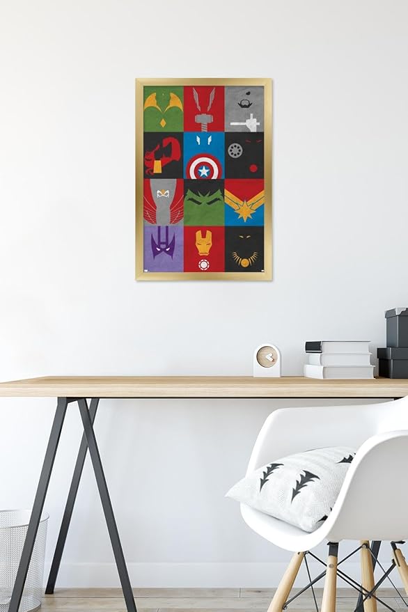 Trends International Marvel Comics - Avengers - Minimalist Grid Wall Poster, 14.725" x 22.375", Gold Framed Version