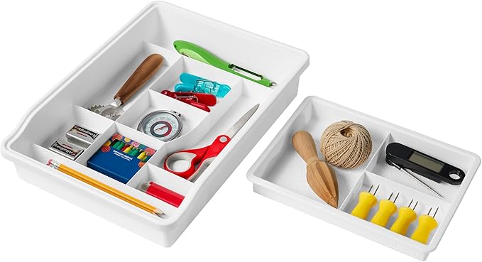 madesmart 24-Compartment Junk Drawer Organizer with Sliding Top Tray, Multi-Purpose Storage for Kitchen, Office & Bathroom Drawers, White