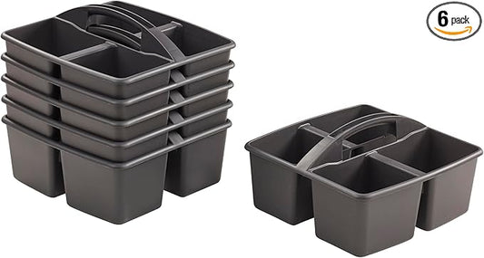 ECR4Kids 4-Compartment Medium Plastic Caddy, Multipurpose Organization, Black, 6-Pack