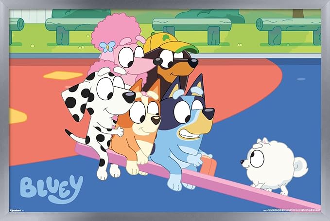 Bluey (2018) - Bluey and Friends See Saw Fun Wall Poster, 34L" x 22.4W", Silver Framed Version