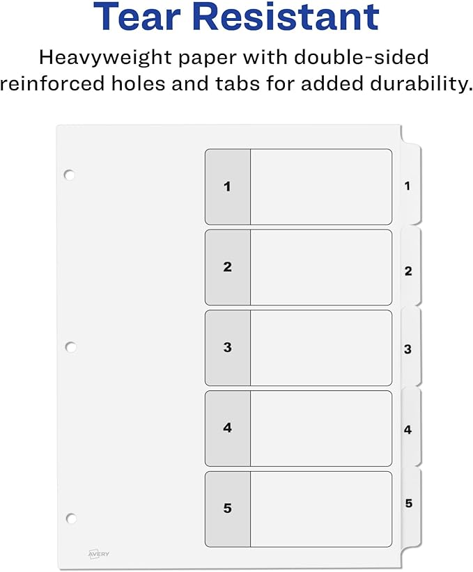 Avery Dividers for 3 Ring Binders, 5 Tabs per Set, Customizable Table of Contents, Classic White Tabs, Great for Organizing Reports, Projects, and More (6 Sets of 11821) (Pack of 12)