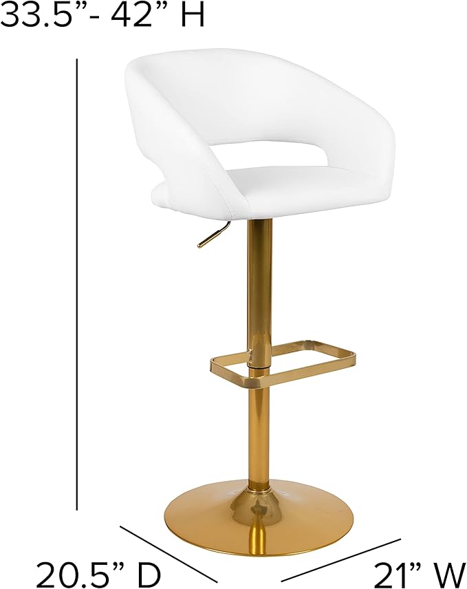 Flash Furniture Erik Contemporary Adjustable Height Barstool with Footrest and Rounded Mid-Back, Upholstered Bar or Counter Height Stool, White/Gold