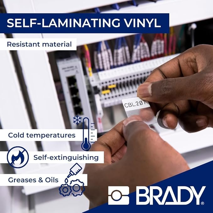 Brady Authentic (M5-116-427) Self-Laminating Vinyl Wrap Around Labels 2.5" H x 1.5" W Black on White, Clear, 80 Labels. for use with The BMP51 and M511 Label Printers