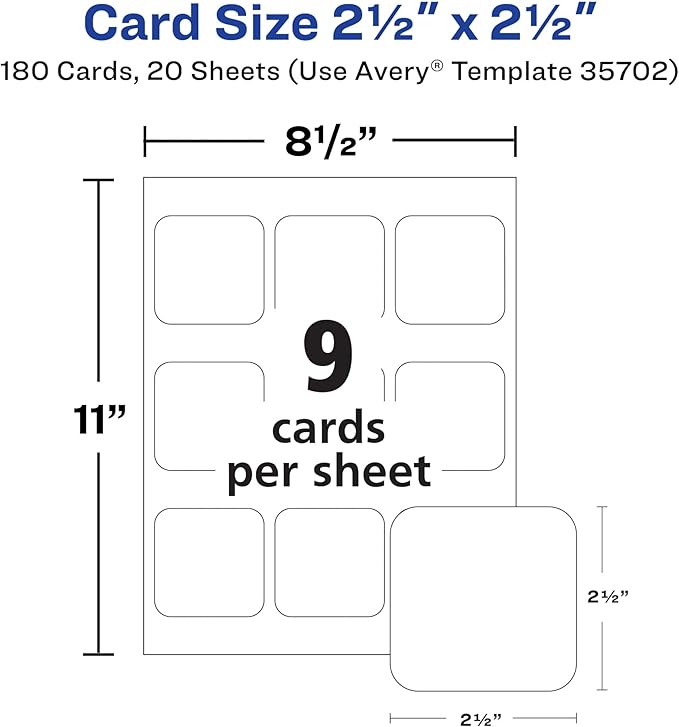 Avery Clean Edge Printable Square Cards with Sure Feed Technology, Rounded Corners, 2.5" x 2.5", Matte White, Inkjet Printer Compatible, 180 Blank Cards Total (35702)