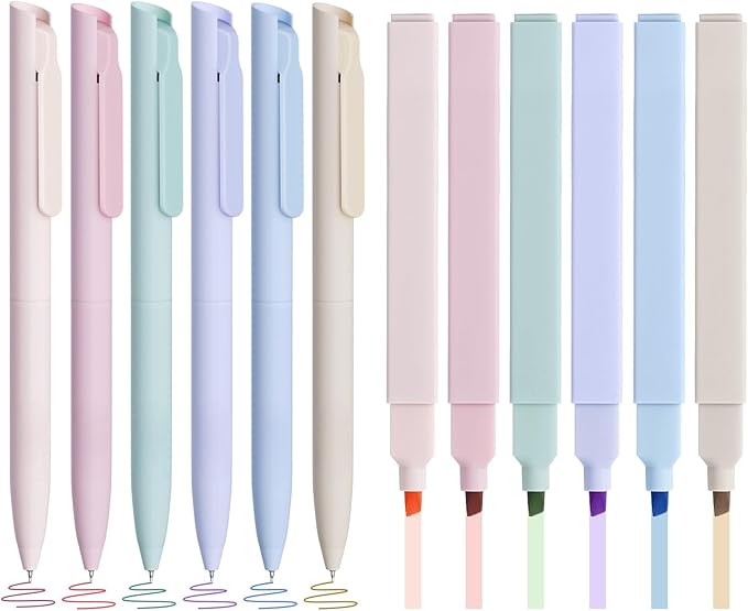 Bible Highlighters and Pens No Bleed, Cute Aesthetic Highlighters Pastel Gel Pens Colored Ink Quick Dry for Bible Journaling, Morandi Pens and Highlighters Set School Supplies, 12 Pack