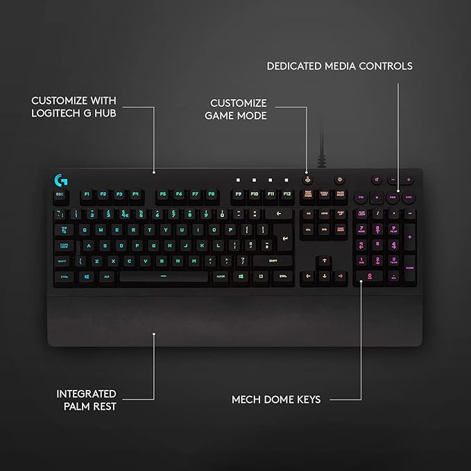 Logitech G213 Prodigy Gaming Keyboard - Wired RGB Backlit Keyboard with Mech-Dome Keys, Palm Rest, Adjustable Feet, Media Controls, USB, Compatible with Windows – Black