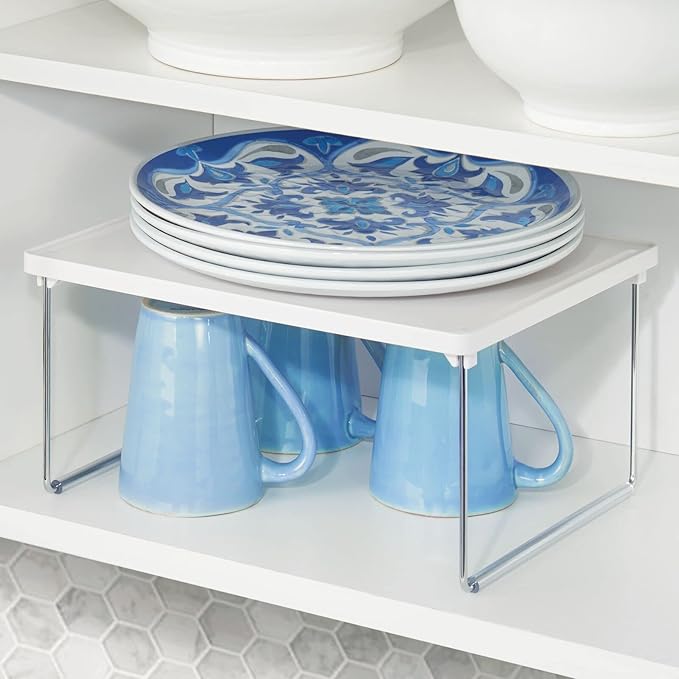 mDesign Metal Stacking Storage Organization for Shelves Inside Closet in Bedroom, Bathroom, Hall, or Entryway - Organizer Stand for Clothing, Linen, Household Items, Ligne Collection, 2 Pack, White