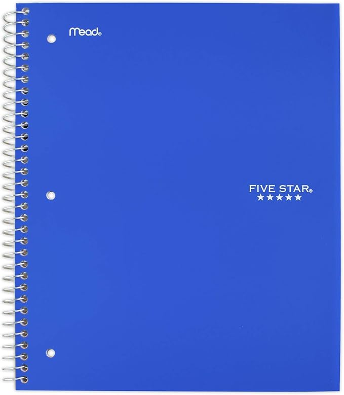 Five Star Spiral Notebook, 1 Subject, Wide Ruled Paper, 10-1/2" x 8", 100 Sheets, Assorted Colors, Color Will Vary, Office Product , 1 Count (05200)