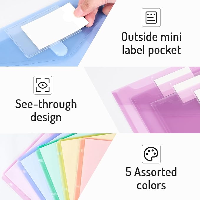 Forvencer Binder Pocket, 24 Pack Super Heavyweight Plastic Folders with Tight Closure, Binder Folders Side Loading, 3 Ring Binder Pocket, Binder Dividers with Pockets, Letter Size, Pastels Series