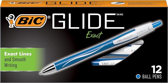 BIC Glide Exact Blue Retractable Ballpoint Pens, Fine Point (0.7mm), 12-Count Pack, Ultra Smooth Writing Blue Pens
