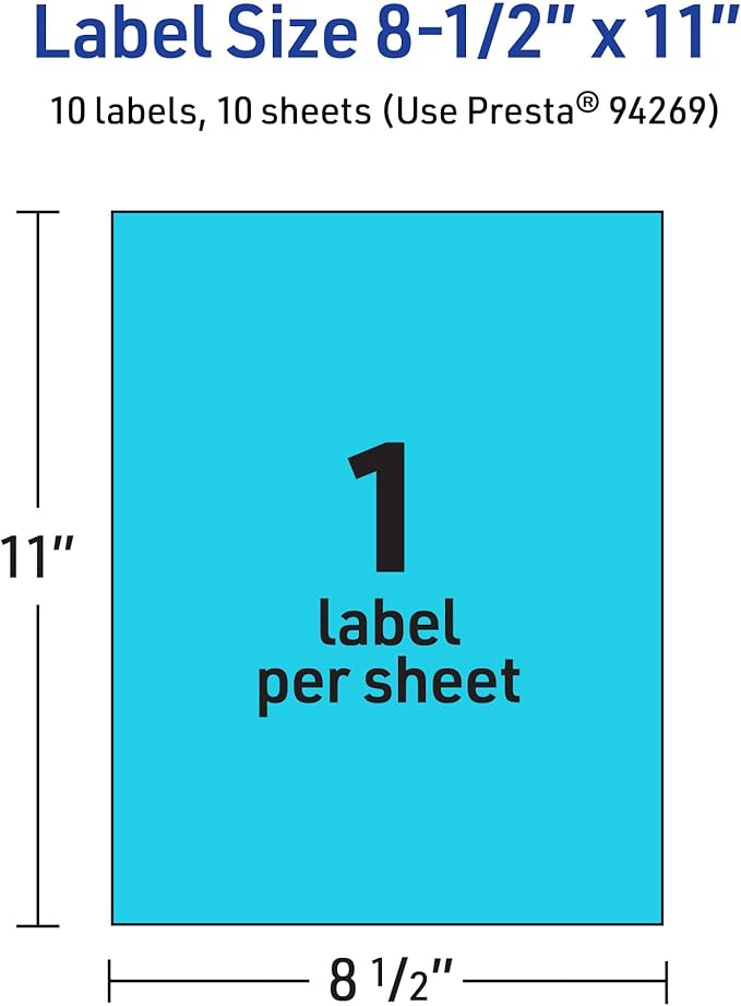 Avery Printable Sticker Paper, 8-1/2" x 11", Full-Sheet Labels, Bright Blue Labels, Laser/Inkjet Printable, 10 Total, Great for Packaging and Stickers