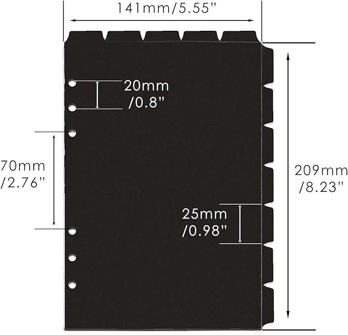 2 Set A5 Binder Dividers Black Plastic Index Divider Blank Side 7 Tabs Top 5 Tabs Planner Insets 12 Sheets Refillable Page Protectors for 6 Ring Binder Notebook