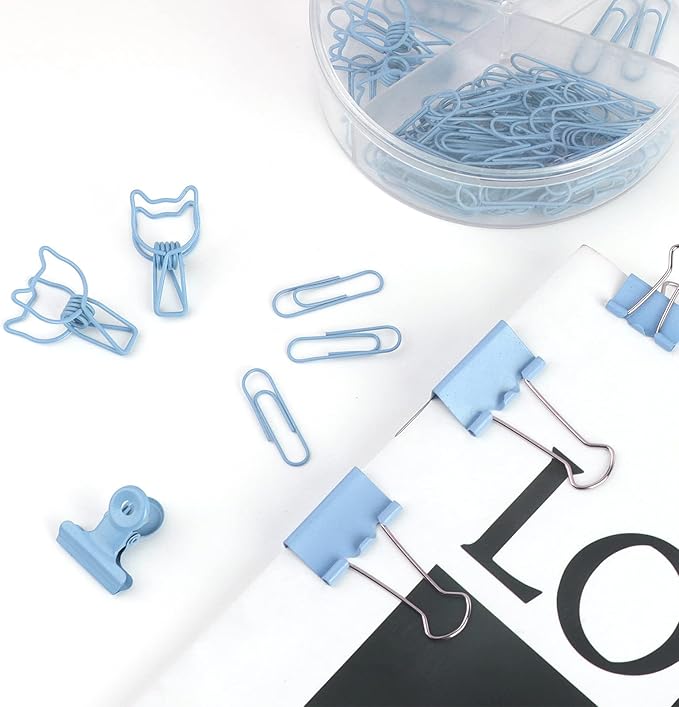 Blue Paper Clips and Binder Clips Set, Metal Assorted Sized Binders with Push Pins, Cute Office Supplies for Desk, Desk Accessories
