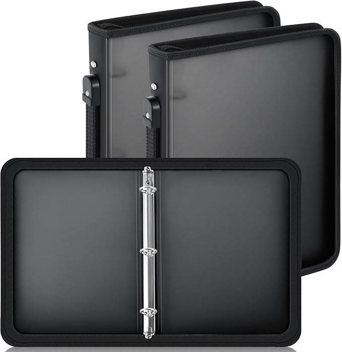 Teling 2 Pcs Plastic Zipper Binders with 3 Ring Zipper Binder, Refillable File Organizer Planner for Projects, Assignments, Memos, School Work (2 Inch,Black)
