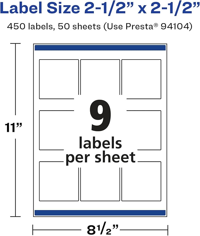 Avery Glossy White Square Labels, Sure Feed Technology, 2.5" x 2.5", 450 Glossy White Labels, Permanent Adhesive, Laser/Inkjet Printable