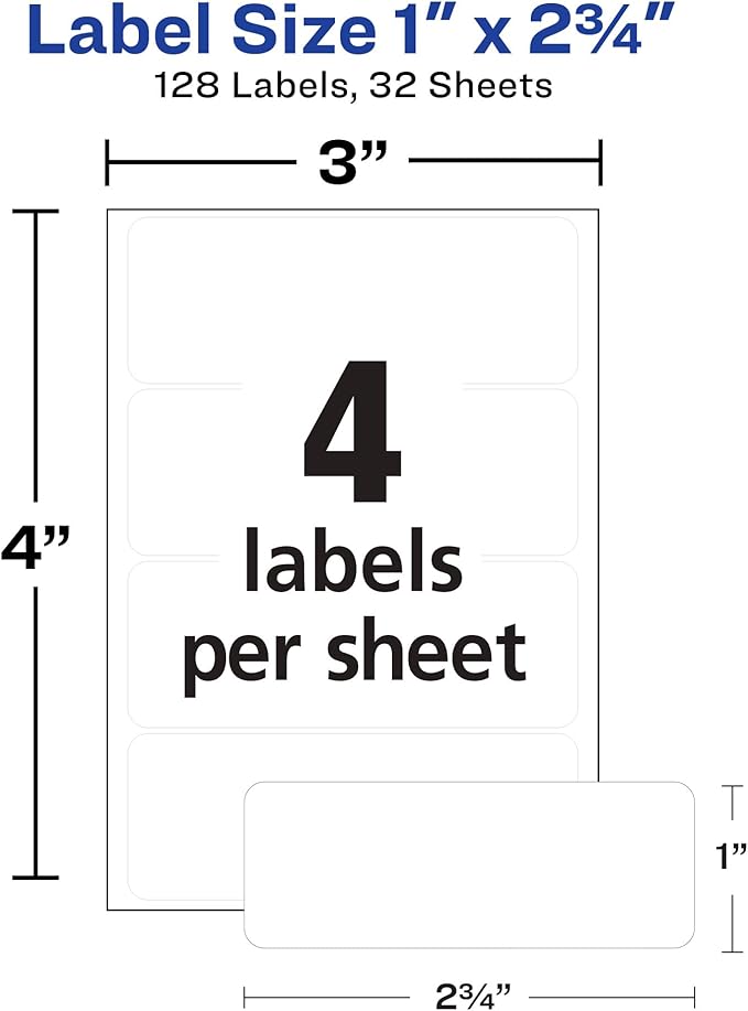 Avery Multi-Use Permanent Labels, 1" x 2.75", White, Non-Printable, 128 Blank Labels Total (6113)