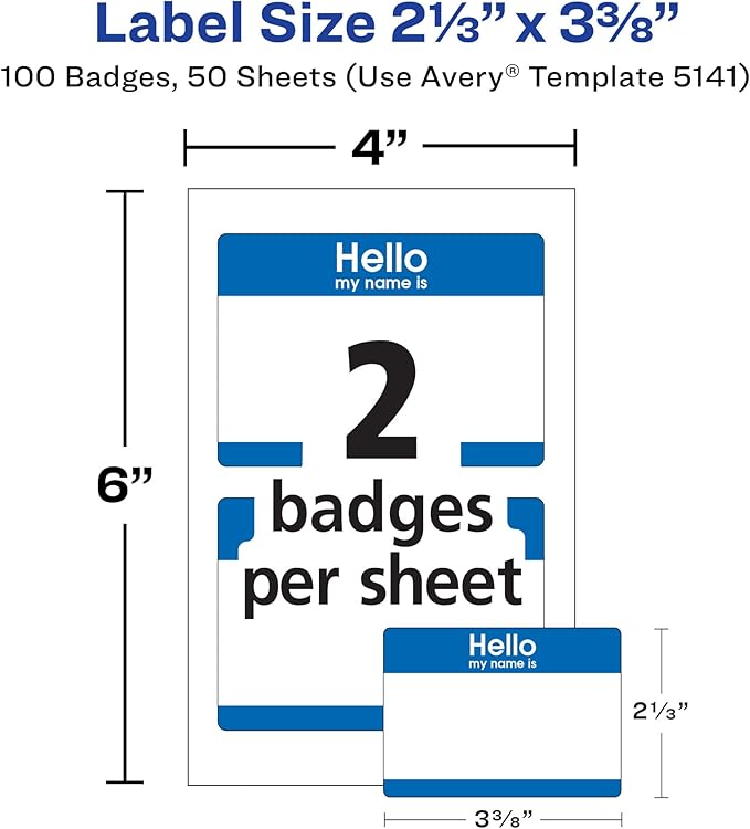 Avery Customizable Name Tags, Hello My Name is, White, Blue Border, Removable Adhesive, Laser/Inkjet Printable, 100 Total (5141)