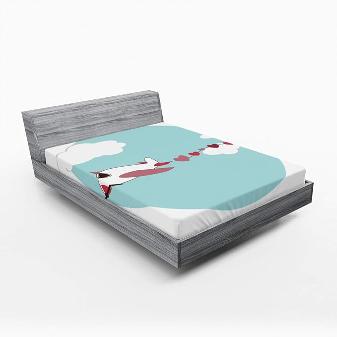 Ambesonne Airplane 2 Pack Fitted Sheet, Romantic Hearts in The Sky, Bed Cover All-Round Elastic Deep Pockets 2 Pieces, Package Contains 2 Full Size Fitted Sheets, Dried Rose and Pale Seafoam