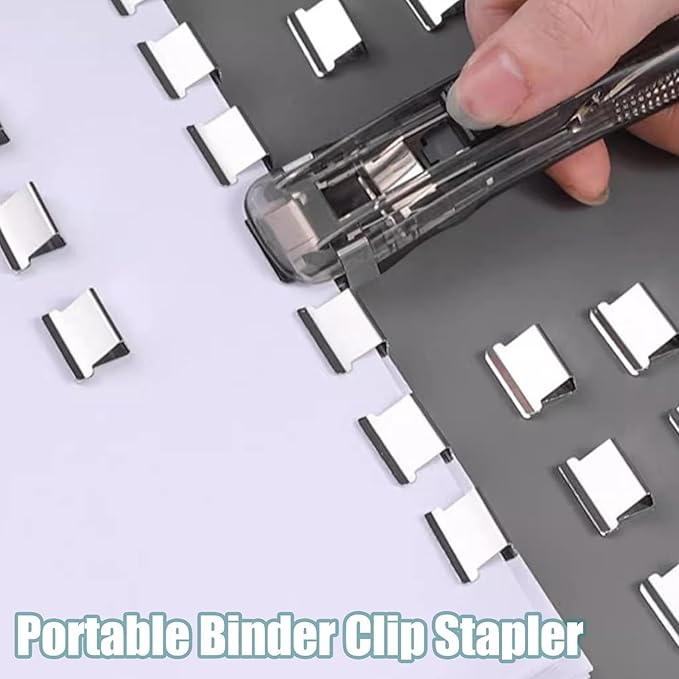 Portable Binder Clip Stapler, Includes 100 Reusable Clips, Handheld Paper Clam Clip Dispenser Large Size, Mini Push Stapler Clamp Staplers for Desktop Document Home School Desk Office(2PCS-B)