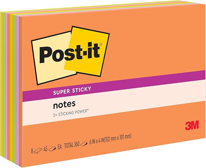 Post-it Super Sticky Notes, 8 Sticky Note Pads, 6 x 4 in., Ideal for Organization in Your Dorm, Home or Office, Energy Boost Collection