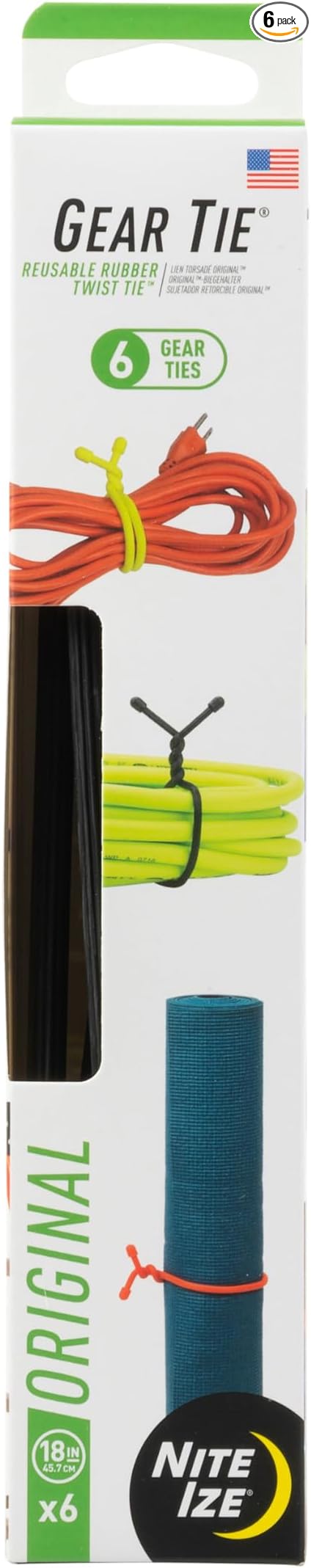 Nite Ize Original Gear Tie - 18-Inch Reusable Rubber Twist Gear & Zip Ties - Electric Cord Organizers - Black, 18-Inch, 6 Pack