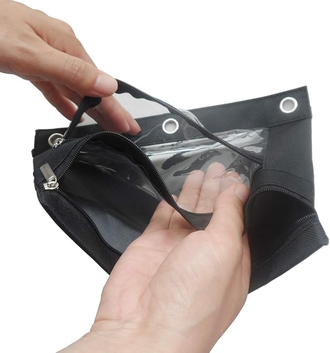 Enyuwlcm 3 Ring Binder Pencil Pouch with Durable Zipper Binder Pencil Case with Clear Window 2 Pocket Black Canvas 4 Pack