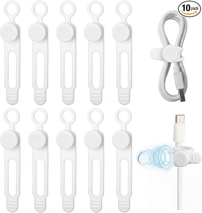Geelin 10 Pack Magnetic Silicone Cable Ties bulk Reusable Cable Organizer Straps for Cord Management Magnetic Wire Ties for USB Cables Headphones Charger Cords Curtain Towel Straps(White)