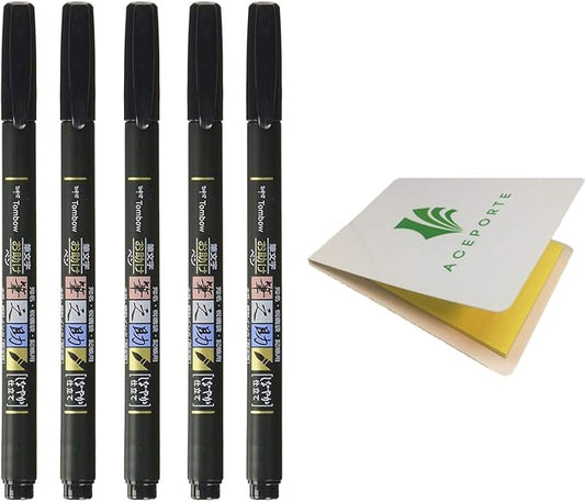 Tombow Fudenosuke Fude Brush Pen Soft (GCD-112) x5 Set, with Original Sticky Notes – Great for Calligraphy, Art Drawings, Illustration, Manga