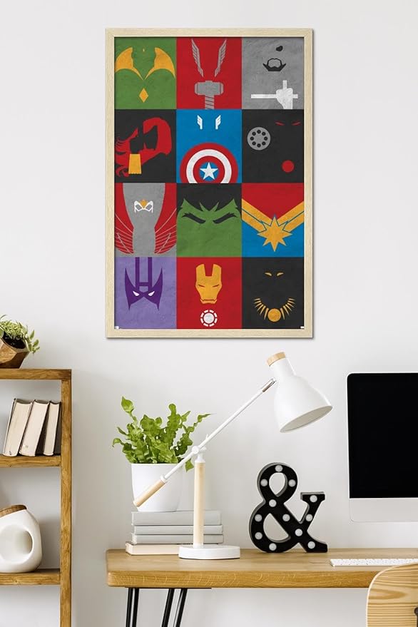 Marvel Comics Avengers - Minimalist Grid Wall Poster, 34L" x 22.4W", Blonde Framed Version