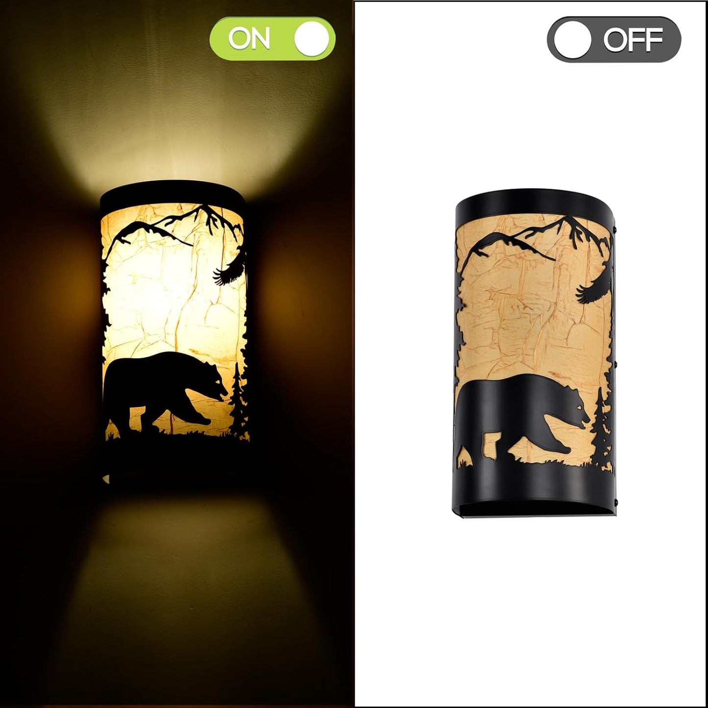 Black Wall Sconces Set of Two,Bear Metal Yellow Parchment Rustic Wall Sconces,Farmhouse Hallway Wall Light Fixtures,Industrial Wall Mount Lamp,Indoor Wall Lamps for Living Room,Bedroom,Porch