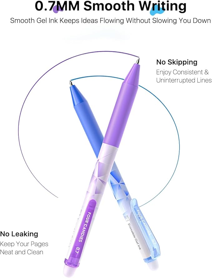 Four Candies 0.7mm Erasable Gel Pens, Make Mistakes Disappear Colored Pens, 12 Colors Retractable Fine Point Erasable Pens for Writing, Drawing, Planner & School Supplies