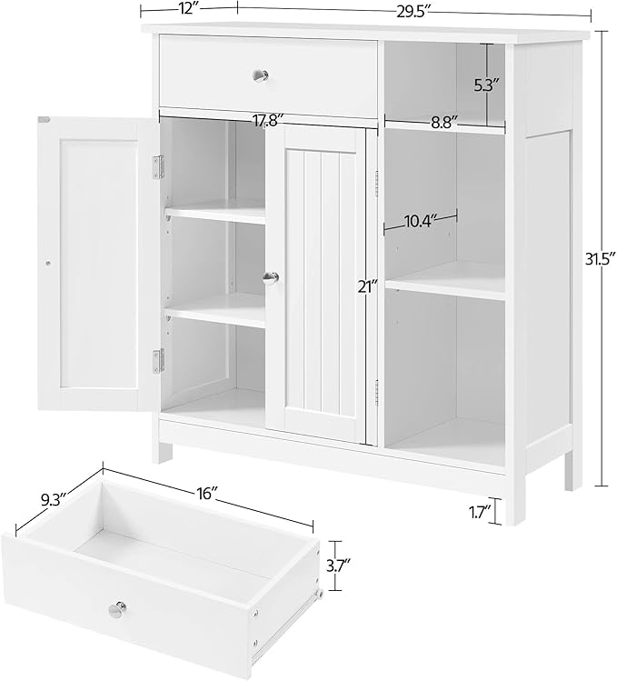 Yaheetech Bathroom Floor Cabinet, Kitchen Freestanding Storage Organizer, Large Side Cabinet with Doors, Drawer & Adjustable Shelves for Living Room, Entryway, 12" D x 29.5" W x 31.5" H, White