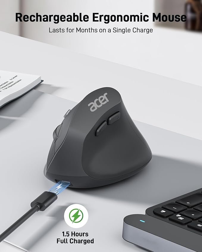 acer Ergonomic Mouse Wireless, Adjustable DPI Vertical Mouse 1000/1200/1600 with 6 Buttons, Rechargeable Ergo Mice, Medium to Large Sized Hands, 2.4GHz USB Receiver for Computer, Laptop, PC
