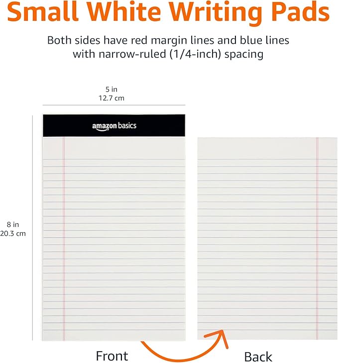 Amazon Basics Narrow Ruled Lined Writing Note Pads for Notes, Office Supplies, 5" x 8", White, 12-Pack of 50 Pages, Perforated