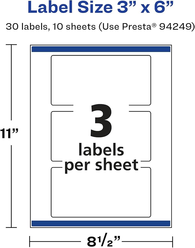 Avery Glossy White Rectangle Labels, Sure Feed Technology, 3" x 6", 30 Glossy White Labels, Print-to-The-Edge, Permanent Adhesive, Laser/Inkjet Printable