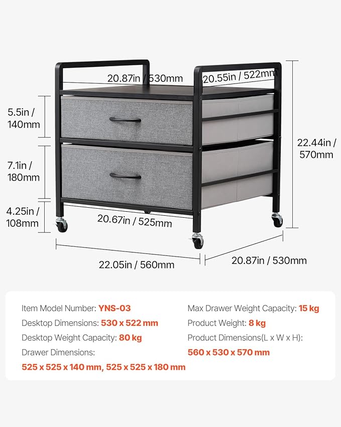 VEVOR Mini Fridge Stand with Storage, 176 lb-Capacity Mini Fridge Table with 2 Drawers & 4 Swivel Wheels, Mobile Mini Fridge Shelf, Gray Mini Fridge Organizer for Dorm, Apartment, Office, Bedroom