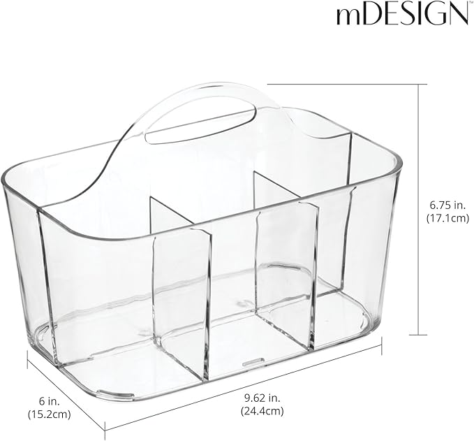 mDesign Plastic Portable Craft Storage Organizer Caddy Tote, Divided Basket Bin w/Handle - Craft, Sewing, Art Supplies - Holds Brushes, Colored Pencils - Lumiere Collection - Clear
