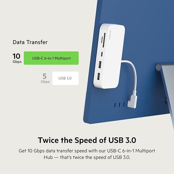 Belkin 6-in-1 USB-C Hub, iMac 24 inch Docking Station with SD & microSD Card Reader, Gigabit Ethernet, 2 USB-A Ports, and USB-C Port for Fast Data Transfers and Peripherals