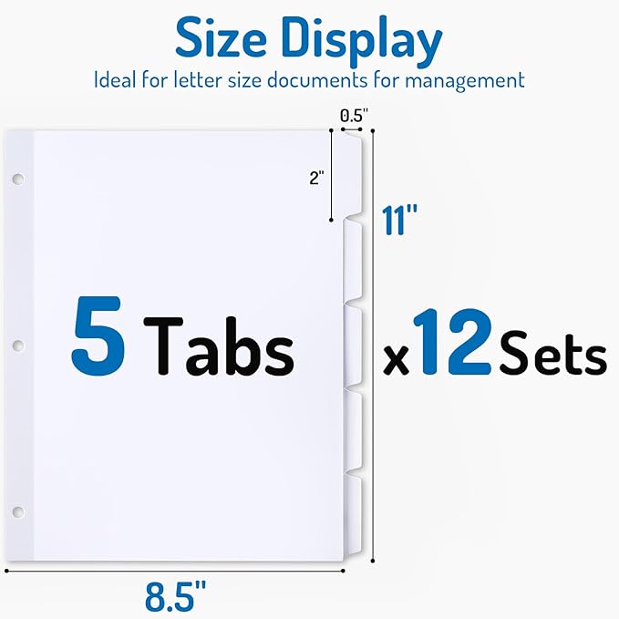 Forvencer Blank Writable Binder Dividers, 1/5 Cut Tabs, 3 Hole Punch Dividers with Reinforced Edge, Binder Dividers with Tabs, Letter Size, 12 Sets, 60 Dividers, White