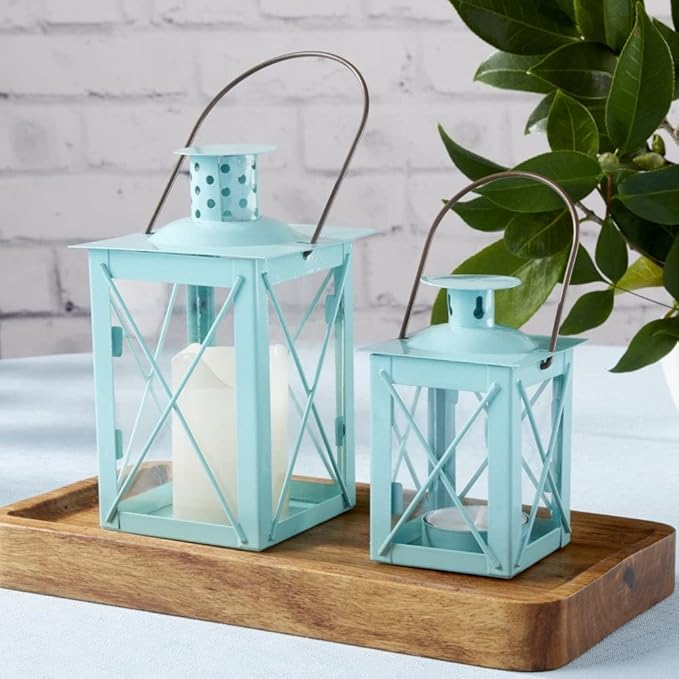 Kate Aspen Medium Decorative Lanterns - Set of 6 - Luminous Blue Metal Lantern Tealight Candle Holders Centerpieces for Wedding, Home Decor and Party - 6.3" H (8.9" H with Handle)
