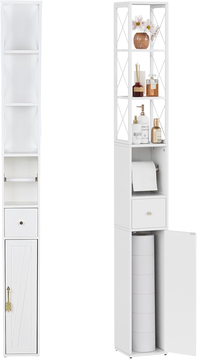 VECELO Tall Narrow Storage Cabinet with X-Frame Metal Design, Slim Freestanding Bathroom Cabinet with Toilet Paper Holder, Magnetic Door & Drawer, for Small Spaces, 7.9" D x 7.9" W x 67" H, White