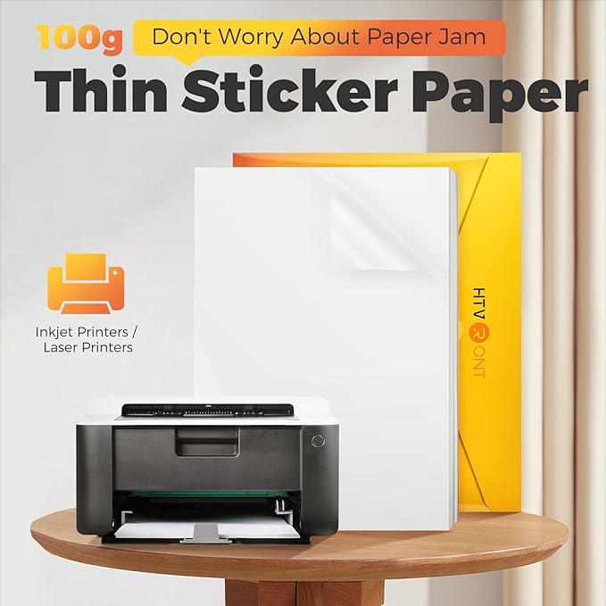HTVRONT Printable Vinyl Sticker Paper, 100 Sheets Glossy Waterproof Sticker Paper For Inkjet Printer Dries Quickly-Standard Letter Size 8.5"X11"